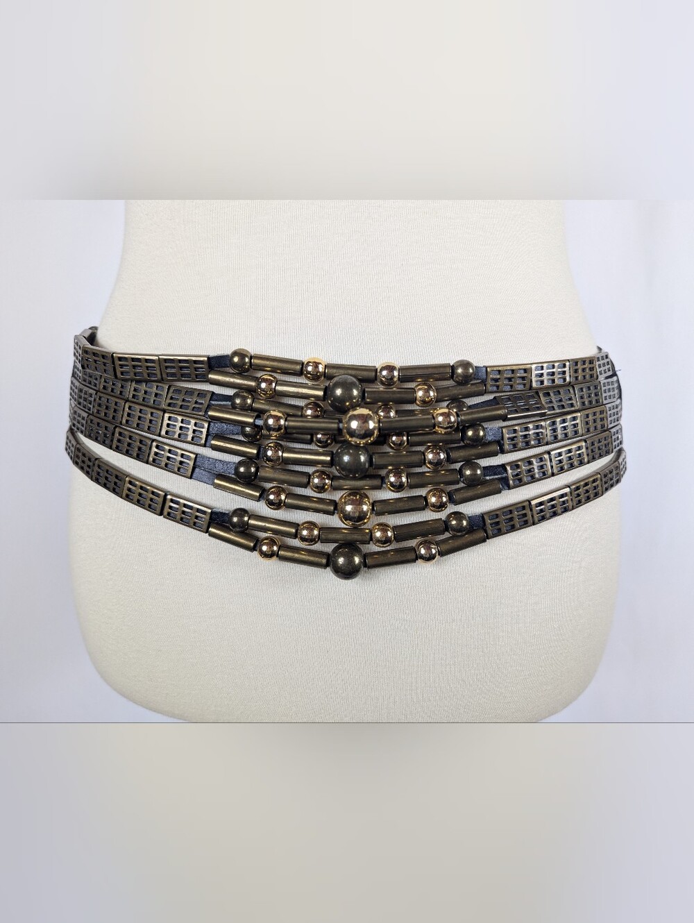 Vintage Multi Strand Metal Bead Statement Belt Silver Black 90s Futuristic 36"